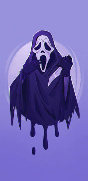 一個戴著尖叫面具的鬼影，在紫色背景上滴落黑色液體。 — 鬼滅之刃面具 壁紙