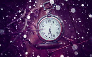 在神奇的冬季場景中，懸掛在雪覆蓋的樹枝上的復古懷錶。