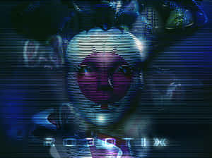 一個帶有發光眼睛和數碼故障效果的扭曲機械人臉。