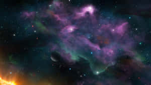 深空中帶有星星和行星的紫色和綠色星雲 — 淺紫色動態圖片 壁紙