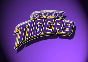 紫色和金色的 Geaux Tigers 運動標誌，3D風格，紫色漸變背景。