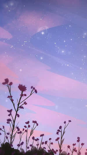 紫色花朵襯托星空暮色天空，帶柔和粉彩漸變。 — 森林 壁紙