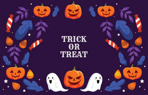 萬聖節邊框，有南瓜、鬼魂、糖果玉米和樹葉圍繞著 trick or treat 文字。
