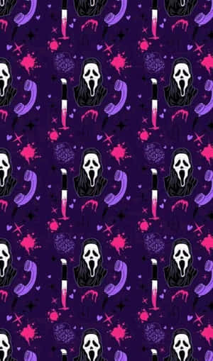 恐怖主題壁紙，紫色背景上有Ghostface面具、刀和電話。