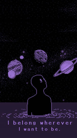 像素化人物仰望紫色行星和星星，下方有文字。 — 淺紫色動態圖片 壁紙