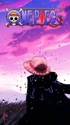 動漫角色戴草帽站在雨中，背景是粉紅和紫色天空。 — 深紫色美學 GIF 壁紙