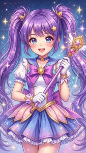 紫髮動漫女孩，星星魔杖，星空之夜