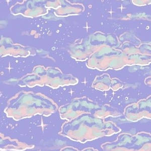 夢幻的天空，帶有柔和色調的雲朵和星星，形成重複圖案。 — 深紫色美學 GIF 壁紙