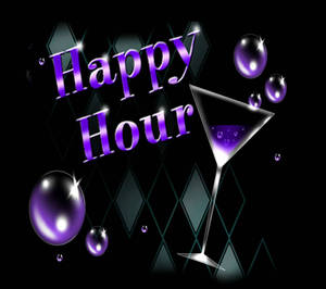 紫色馬提尼酒杯和氣泡，深色背景上有「Happy Hour」文字