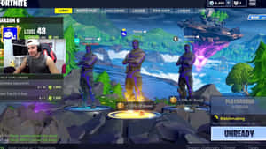 Fortnite 遊戲大廳，玩家和 XP 提升墊在發光的島嶼上。