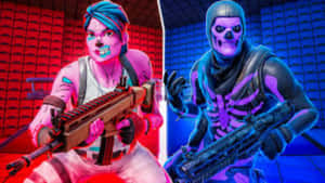 兩個Fortnite角色在霓虹紅色和藍色房間裡拿著步槍。