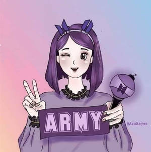 動漫女孩拿著ARMY牌子和麥克風，做出和平手勢。