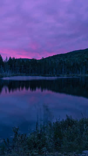平靜的湖泊反射出森林山丘上方的紫色和粉紅色暮色天空。 — 湖景 壁紙