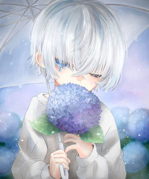 銀髮動漫男孩在雨中撐傘拿著藍色繡球花。