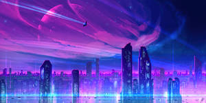 在紫色外星天空下，霓虹燈光在水面上反射的未來城市天際線。