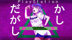 動漫女孩穿著棒球制服對著麥克風唱歌，帶有PlayStation文字。 — 紫色美學 壁紙