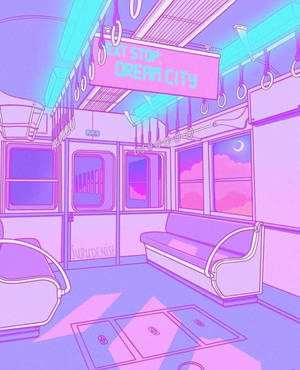 空無一人的地鐵車廂，帶有螢光粉紅和青色調，以及夢幻的月光窗景。 — 深紫色美學 GIF 壁紙