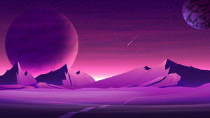 星空下紫色的外星山脈，有巨大的行星和流星。 — 淺紫色動態圖片 壁紙