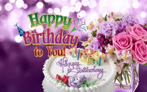 生日蛋糕和花束，在紫色散景背景上帶有「Happy Birthday to You」文字。 — 紫色花朵 壁紙