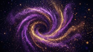 一個旋轉的星系，帶有紫色和金色的宇宙塵埃以及散落的星星。