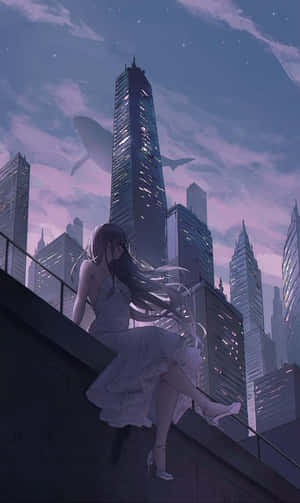 動漫女孩白裙坐屋頂，俯瞰暮色中發光城市與天空鯨魚