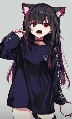 擁有貓耳和紅色眼睛的動漫女孩，穿著帶有文字的深藍色襯衫。