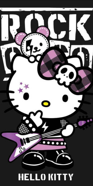 Hello Kitty 身穿龐克搖滾服裝，手持紫色電結他。
