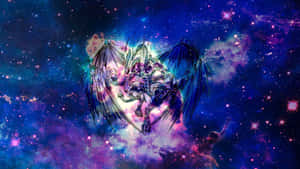 一隻展開翅膀的奇幻巨龍飛過色彩繽紛的星空星雲。 — 深紫色美學 GIF 壁紙