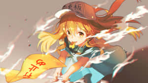 橙色頭髮戴帽的動漫女孩，帶著黃色橫幅在風中奔跑。 — iMac 壁紙