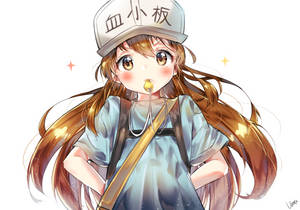 動漫女孩，棕色頭髮，戴帽，攞住金色棒棒糖，有閃光。