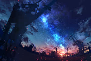 工業起重機在星空暮色下，伴隨宇宙星雲。