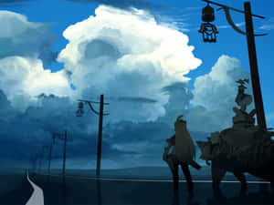 一位旅人和狼在戲劇性的多雲天空下沿著道路行走。