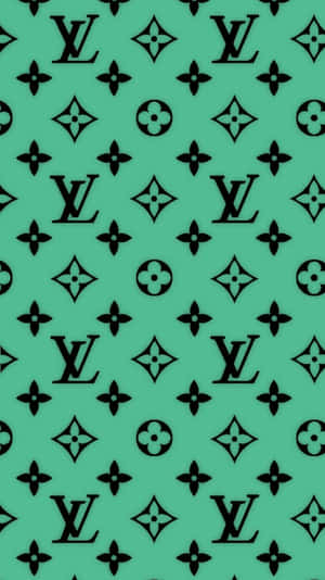帶有黑色 Louis Vuitton 字母圖案的薄荷綠色牆紙。