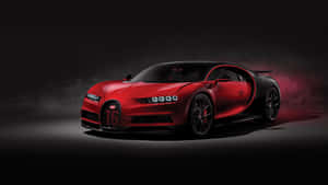 紅色Bugatti Chiron Super Sport 300+，帶有黑色細節和發光頭燈，在黑暗工作室中伴隨煙霧。
