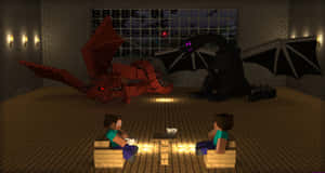 兩名Minecraft角色坐在石室中，兩條龍在附近休息。 — 龍 壁紙