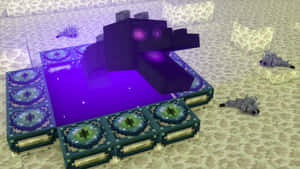 Minecraft 地獄要塞中的終界龍，帶有發光紫色水池和綠色方塊