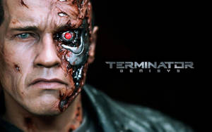 半人半金屬面孔、紅色發光眼睛的 Terminator Genisys 生化人。