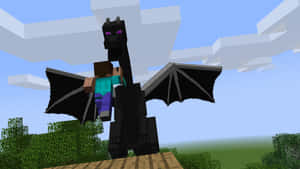 Minecraft玩家在方塊戶外環境中騎著黑色龍。 — 龍 壁紙