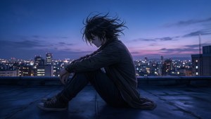 動漫角色晚上獨自坐在屋頂上，俯瞰城市燈光。