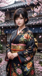 年輕女子黑色花卉和服飄落櫻花下木屋附近