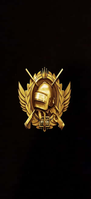 金色PUBG標誌，頭盔和交叉的槍支，黑色背景。 — POCO C 壁紙