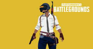 戴頭盔和領帶的PUBG角色在黃色背景上握著手槍