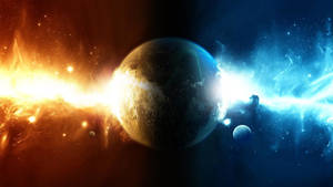 一顆被發光光束一分為二的行星，太空中帶有熾熱和冰冷的星雲。