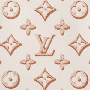 帶有棕色 Louis Vuitton 字母組合圖案（包括花朵和 LV 標誌）的米色皮革。 — 熱粉紅美學 壁紙