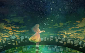 穿連衣裙的女孩在夜晚發光的城市上方伸手觸摸星星