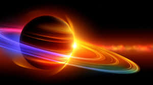 深空中一顆帶有發光環的彩色行星，周圍環繞著星星和光線條紋