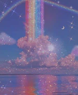 一道發光的彩虹光束從星星降落到新月下閃閃發光的海洋中。