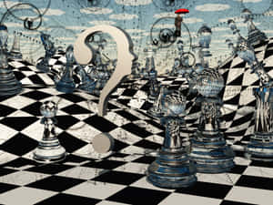 棋盤上的棋子，一個大問號和一個拿著紅色雨傘的小人。