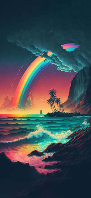 熱帶島嶼上空夕陽下的霓虹彩虹，海浪拍打和棕櫚樹。