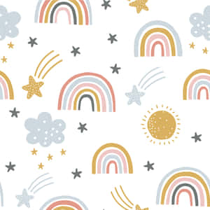 白色背景上的粉彩彩虹星星和雲朵圖案